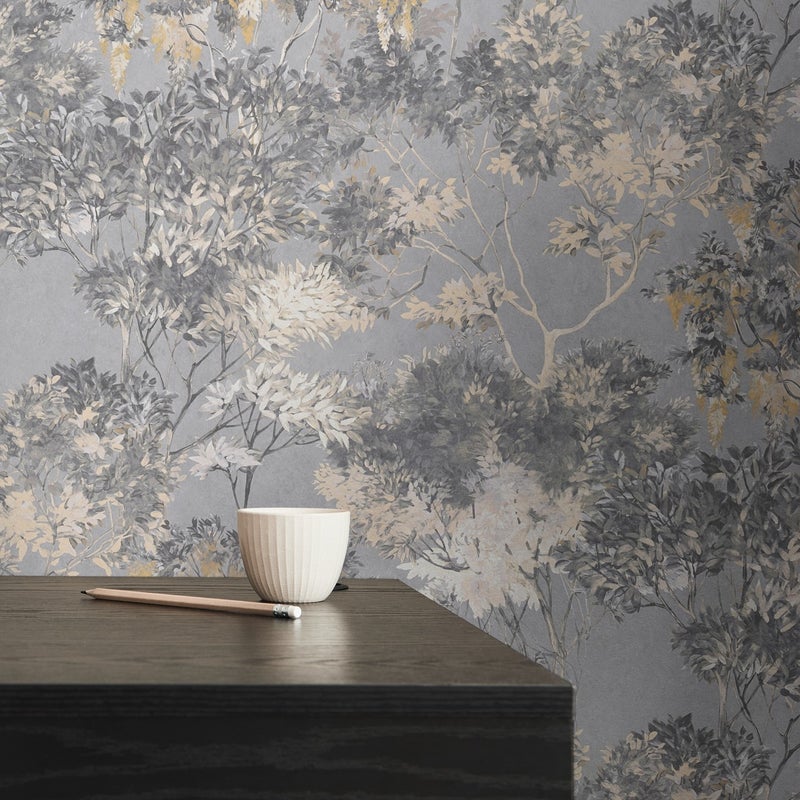 Tapeta kwiatowy wzór szarym,białym,beżowym,żółtymIczarnym - 53 cm x 10.05 m - LIVINGWALLS