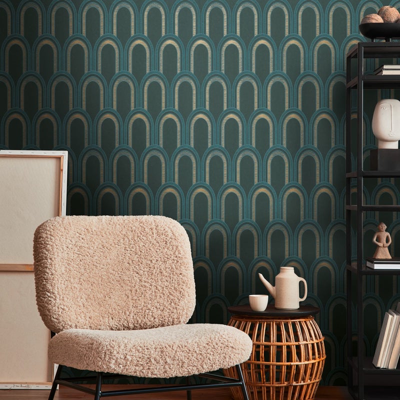 Tapeta motyw art déco petrol blue,niebieskim,złotymImetalicznym - 53 cm x 10.05 m - LIVINGWALLS