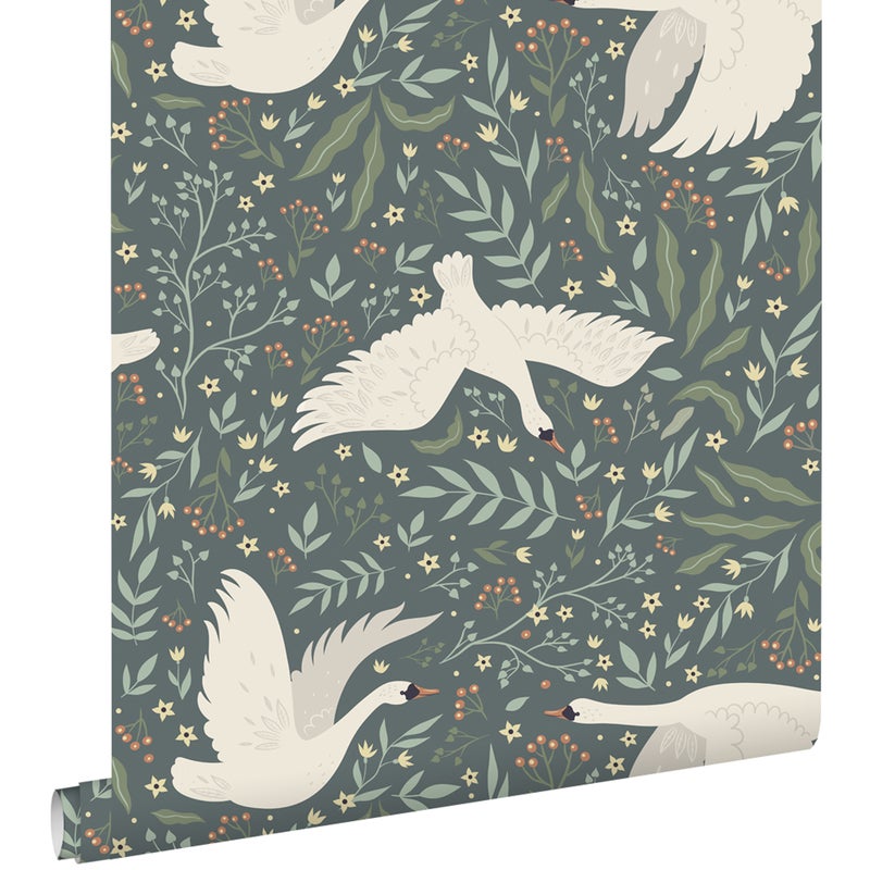 Tapeta łabędzie szaro-niebieskimIbiałym - 53 cm x 10.05 m - ESTAHOME