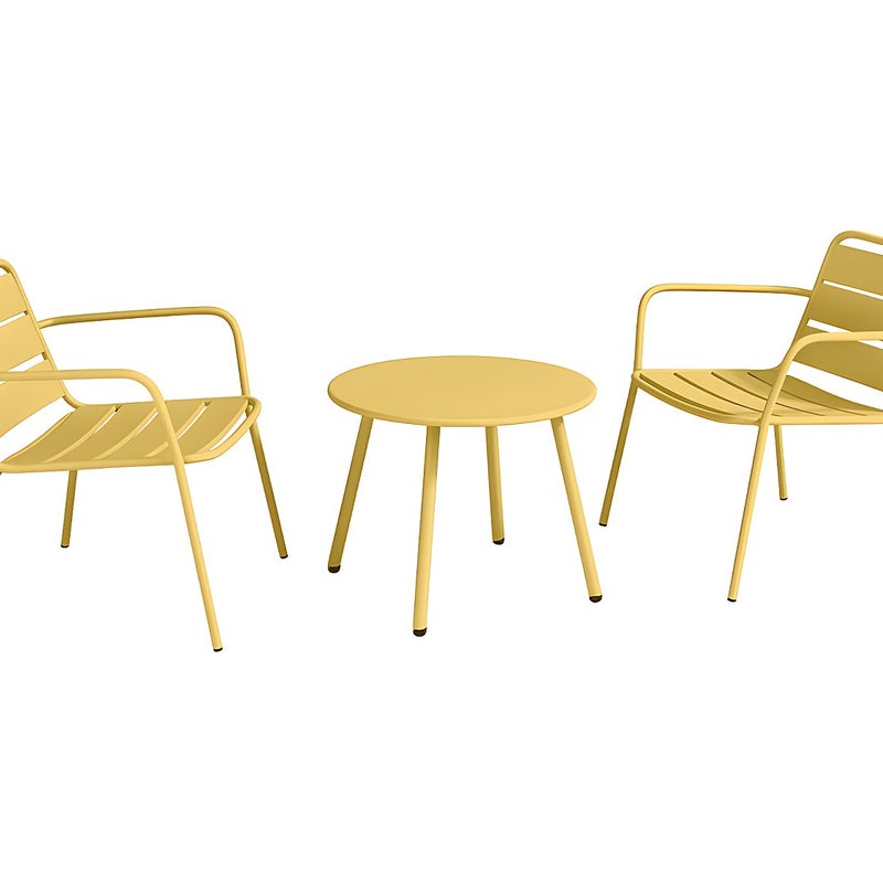 Zestaw ogrodowy z metalu - 2 niskie fotele sztaplowane i stolik pomocniczy - Żółty musztardowy - MIRMANDE marki MYLIA