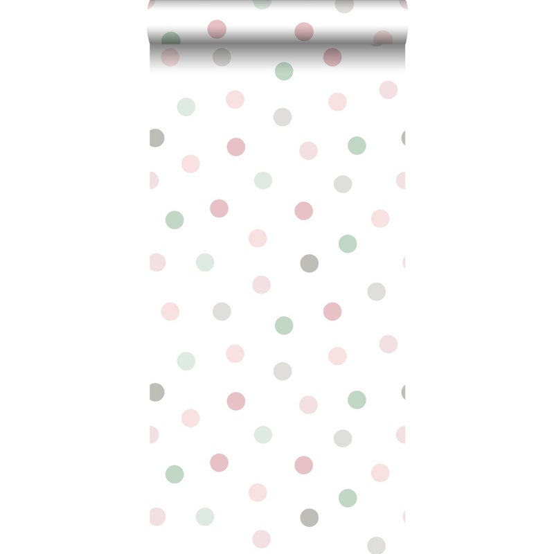 Tapeta duże kropki zielonym,różowymIszarym - 53 cm x 10.05 m - WALLS4YOU