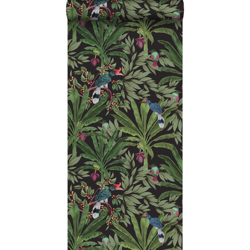 Tapeta tropikalne liście dżungli i rajskie ptaki czarnymIzielonym - 53 cm x 10.05 m - WALLS4YOU