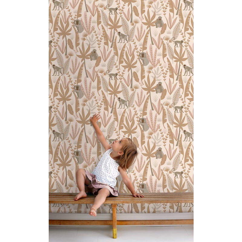 Tapeta małpy z dżungli terakoty różowej - 50 x 900 cm - ESTAHOME