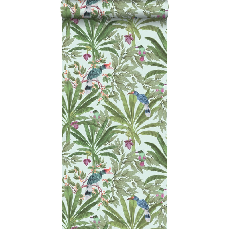 Tapeta tropikalne liście dżungli i rajskie ptaki miętowej zieleniIzielonym - 53 cm x 10.05 m - WALLS4YOU