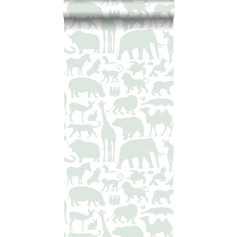 Tapeta zwierzęta dżungli jasnozielonymIbiałym - 53 cm x 10.05 m - WALLS4YOU