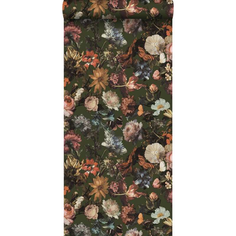 Tapeta kwiatowy wzór zielonym,różowymIpomarańczowym - 53 cm x 10.05 m - WALLS4YOU