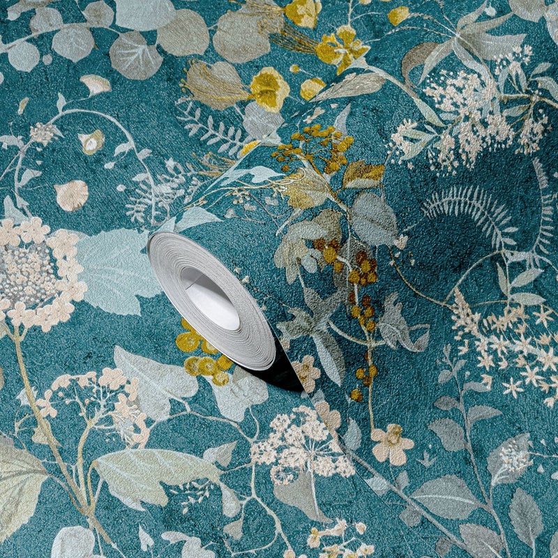 Tapeta kwiaty petrol blue,niebieskim,żółtymIzielonym - 53 cm x 10.05 m - A.S. CRÉATION