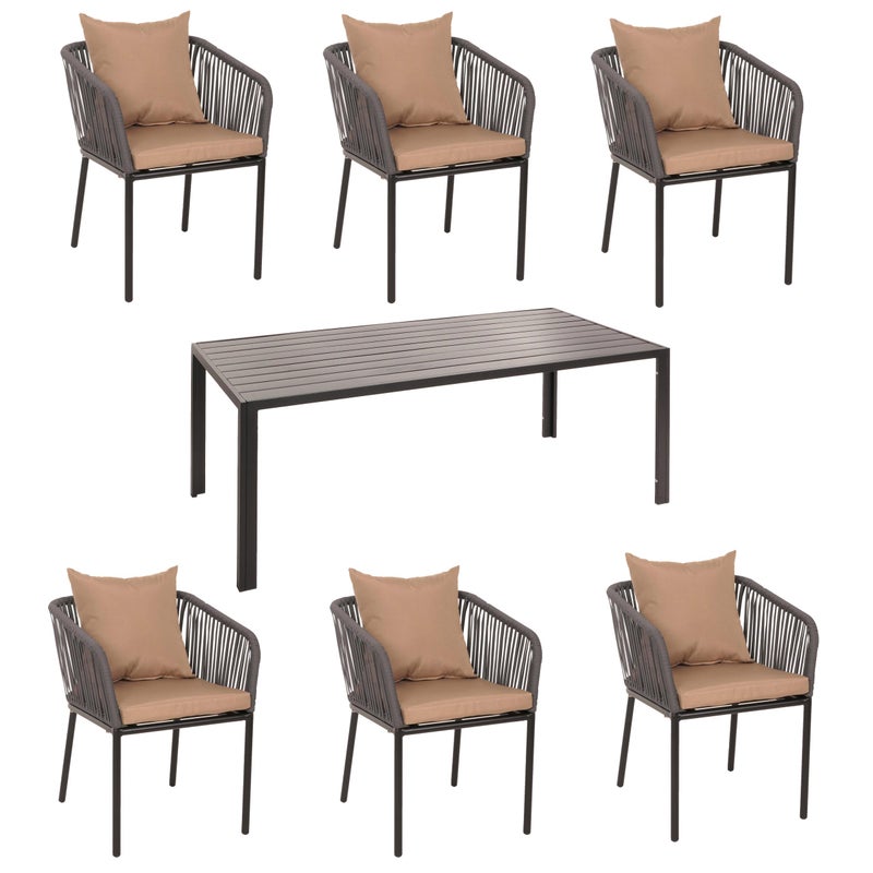 Zestaw ogrodowy HWC-N41, stół + 6 krzeseł, odporne na warunki atmosferyczne aluminium 180x80cm, splot linowy Rope ~ antracyt poduszki taupe