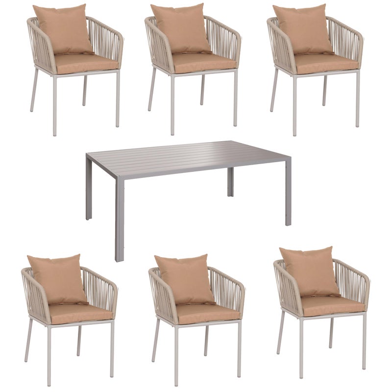 Zestaw ogrodowy HWC-N41, stół + 6 krzeseł, odporne na warunki atmosferyczne aluminium 180x80cm, splot linowy Rope ~ szare poduszki taupe