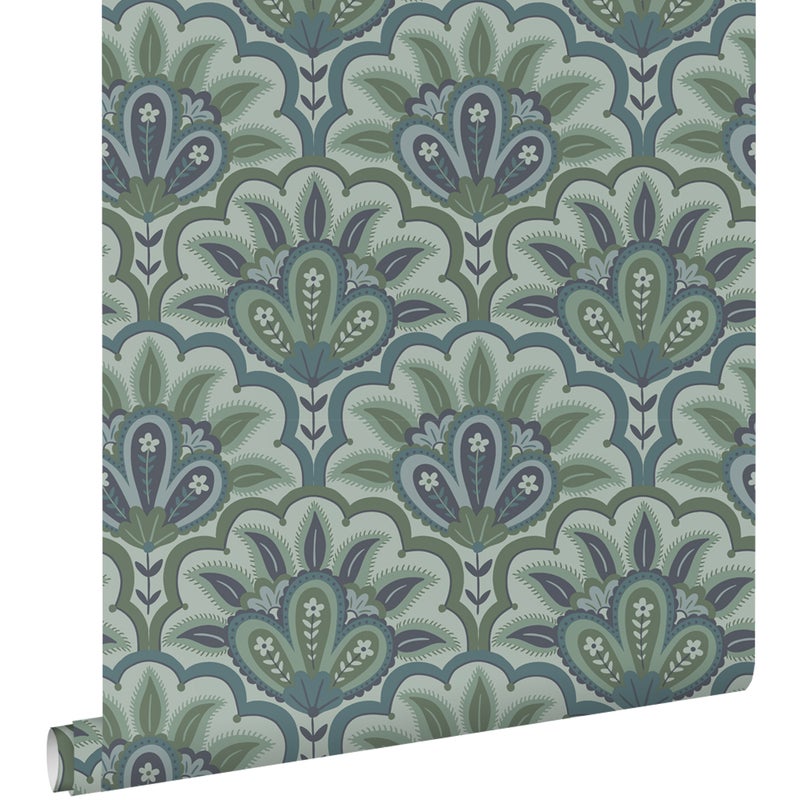 Tapeta orientalny barokowy motyw niebieskimIzielonym - 50 x 900 cm - ESTAHOME