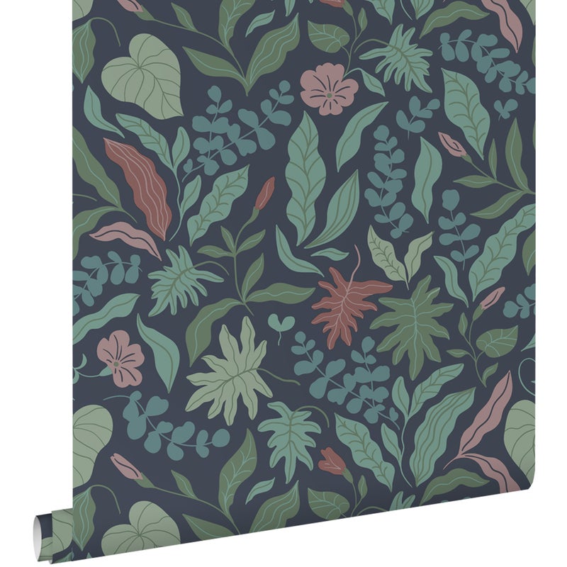 Tapeta liście i kwiaty ciemnoniebieskim,zielonymIróżowym - 50 x 900 cm - ESTAHOME