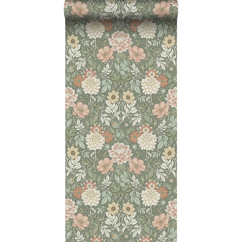 Tapeta vintage kwiaty w stylu secesyjnym zielonymIróżowym - 53 cm x 10.05 m - BORASTAPETER
