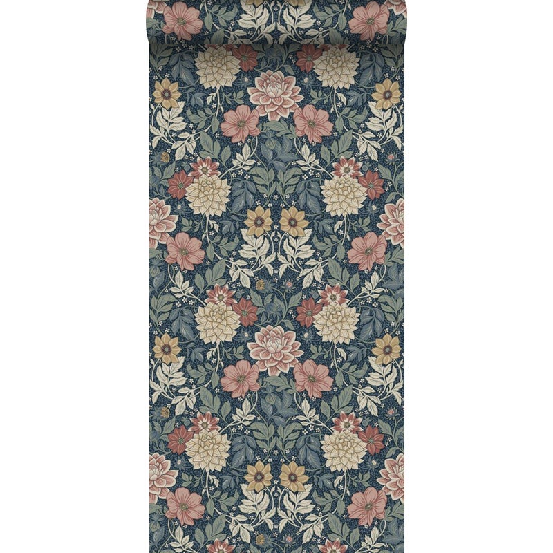 Tapeta vintage kwiaty w stylu secesyjnym ciemnoniebieskim - 53 cm x 10.05 m - BORASTAPETER