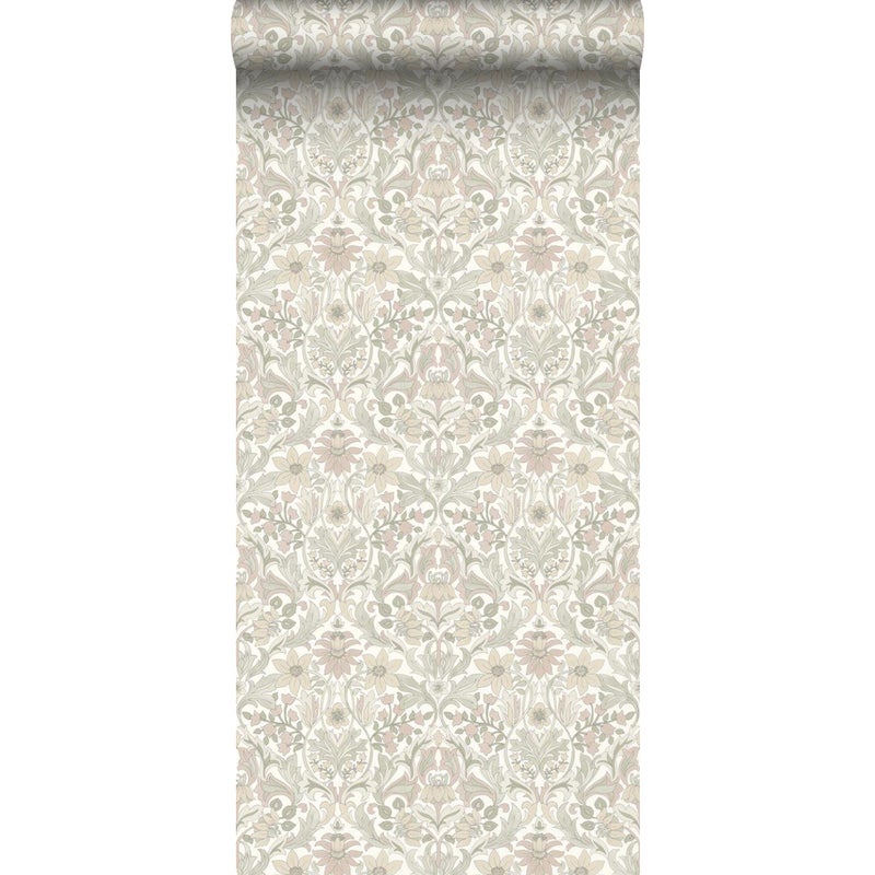 Tapeta vintage kwiaty w stylu secesyjnym białymIbeżowym - 53 cm x 10.05 m - BORASTAPETER