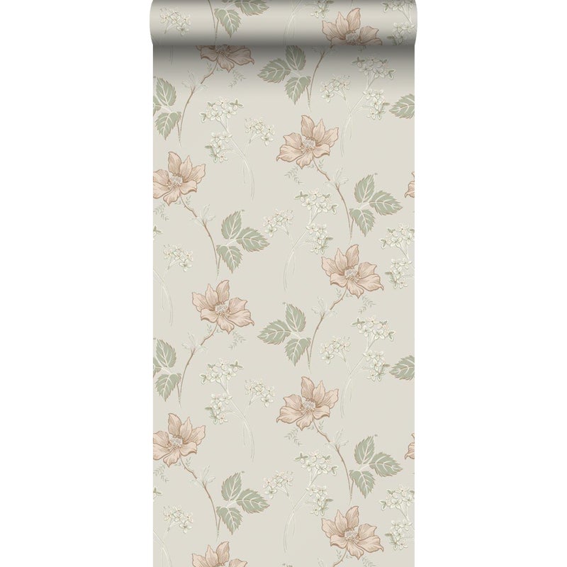 Tapeta kwiaty beżowymIzielonym - 53 cm x 10.05 m - BORASTAPETER