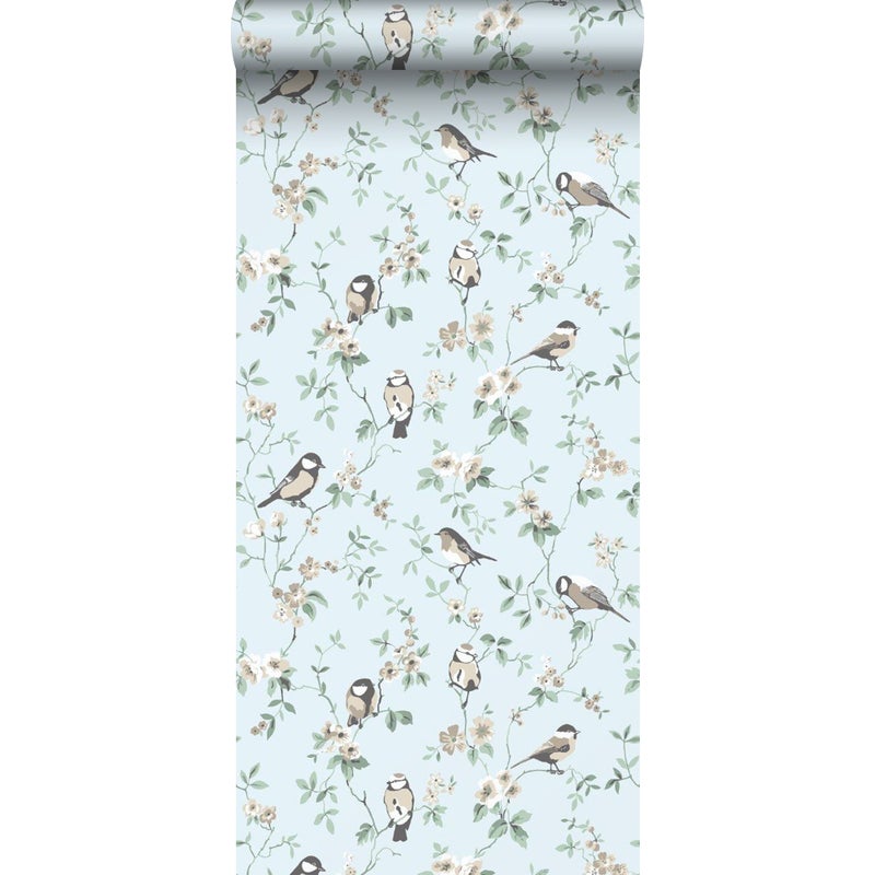 Tapeta kwiaty i ptaki szaro-niebieskim - 53 cm x 10.05 m - BORASTAPETER
