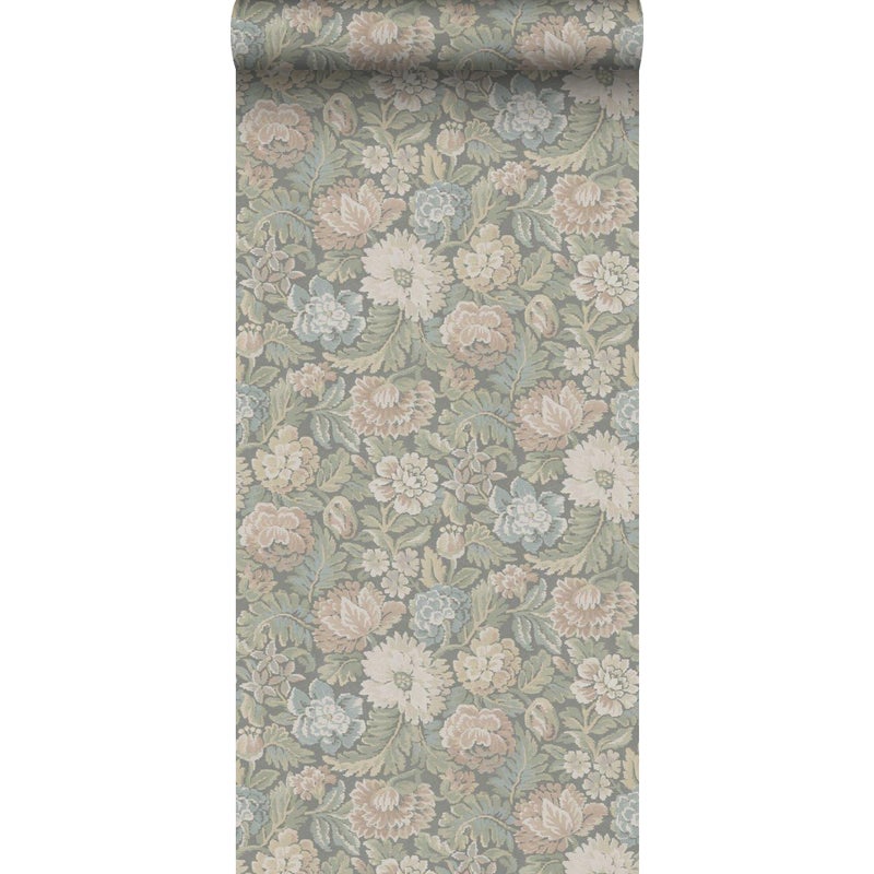 Tapeta zabytkowe kwiaty szaro zielonym - 53 cm x 10.05 m - BORASTAPETER