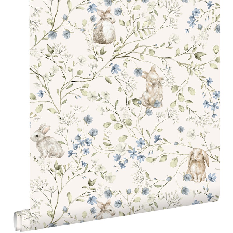 Tapeta króliki beżowym,zielonym,niebieskimIbiałym - 53 cm x 10.05 m - ESTAHOME