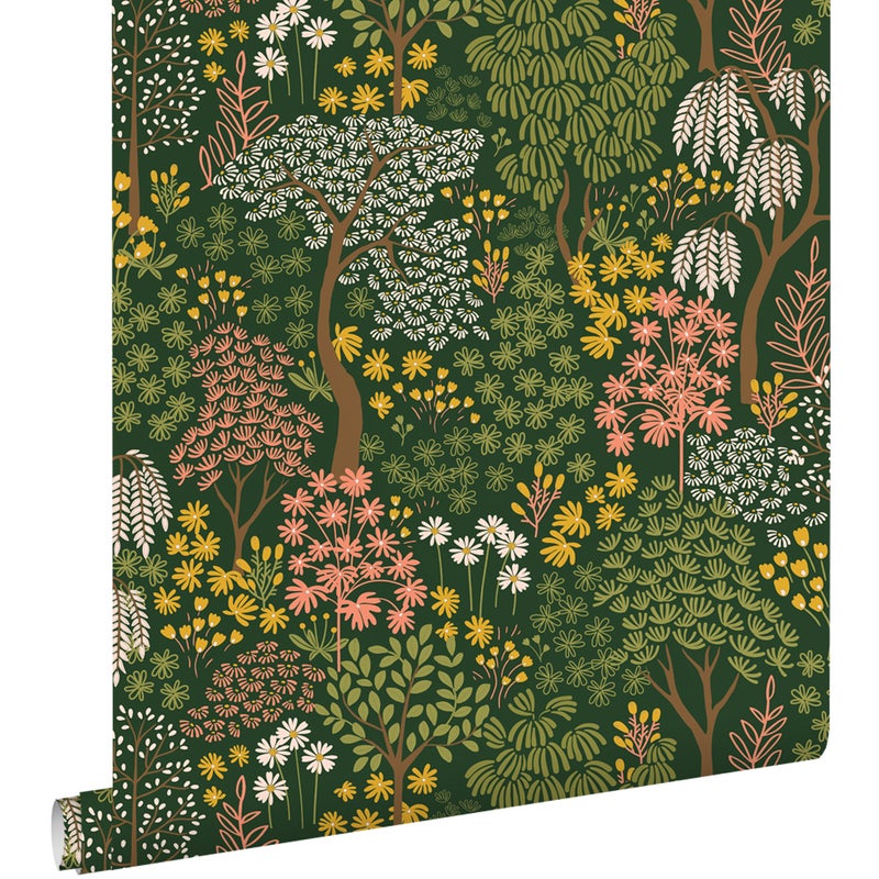 Tapeta drzewa i kwiaty zielonym,różowymIżółtym - 50 x 900 cm - ESTAHOME