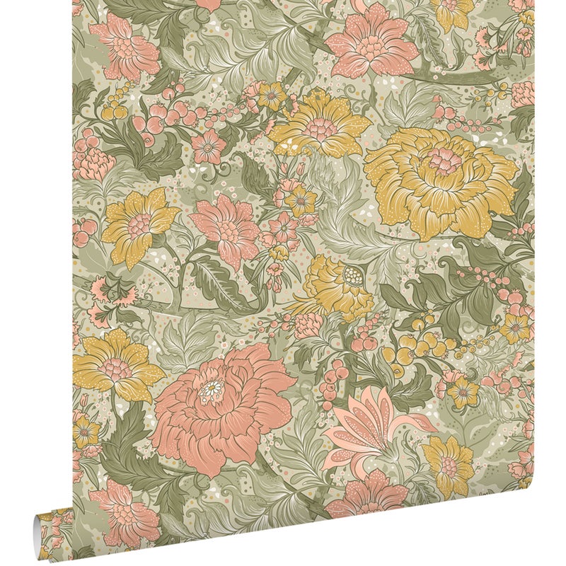 Tapeta zabytkowe kwiaty szaro zielonym,różowymIochry żółtej - 50 x 900 cm - ESTAHOME