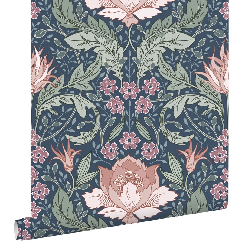 Tapeta vintage kwiaty w stylu secesyjnym niebieskim,zielonymIterakoty różowej - 50 x 900 cm - ESTAHOME