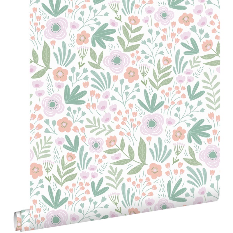 Tapeta kwiaty zielonym,pomarańczowymIliliowo fioletowym - 50 x 900 cm - ESTAHOME
