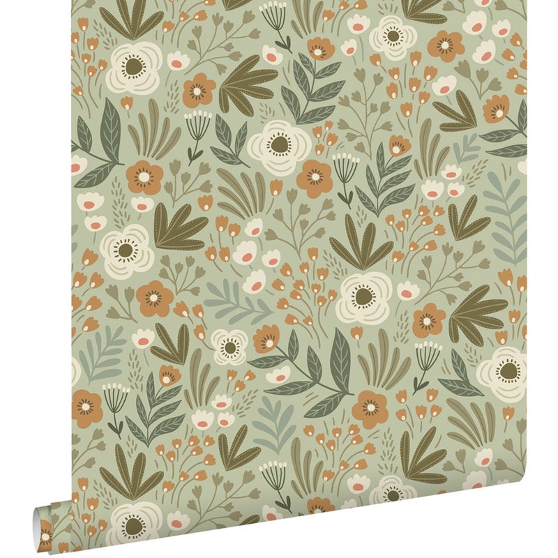 Tapeta kwiaty szaro zielonym - 50 x 900 cm - ESTAHOME