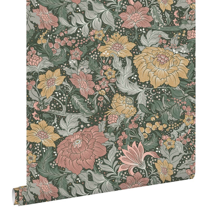 Tapeta zabytkowe kwiaty niebiesko-zielonym,starego różuIochry żółtej - 50 x 900 cm - ESTAHOME