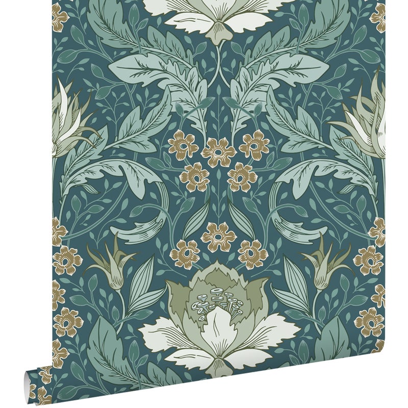 Tapeta vintage kwiaty w stylu secesyjnym szarej morskiej zieleni - 50 x 900 cm - ESTAHOME