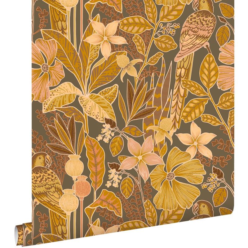 Tapeta tropikalne kwiaty i ptaki rajskie terakota brązowy - 50 x 900 cm - ESTAHOME