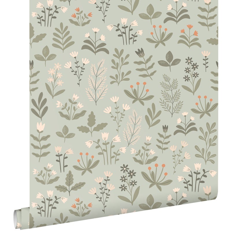 Tapeta kwiaty polne jasnoszarym zielonymIbeżowym - 50 x 900 cm - ESTAHOME