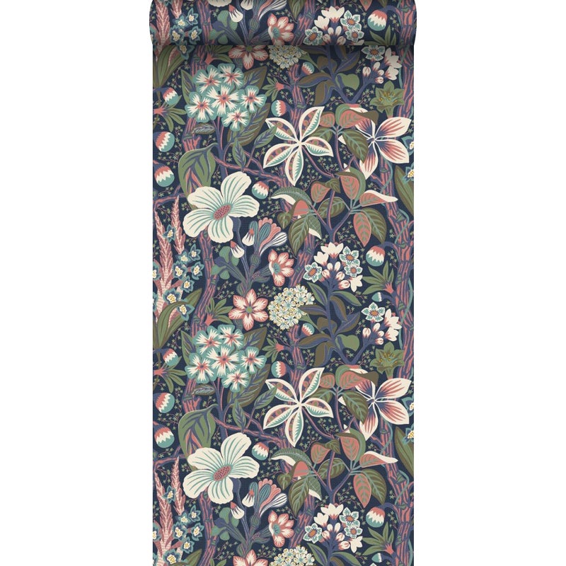 Tapeta tropikalne liście i kwiaty szaro-niebieskim - 49 cm x 10.05 m - BORASTAPETER