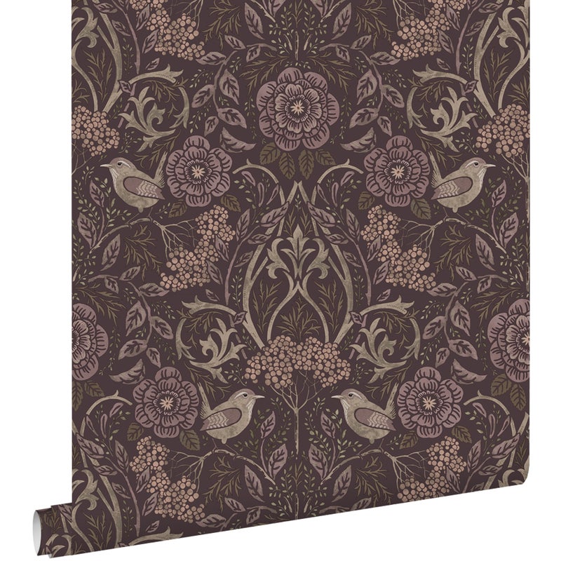 Tapeta kwiaty i ptaki fioletowego mauve - 53 cm x 10.05 m - ESTAHOME