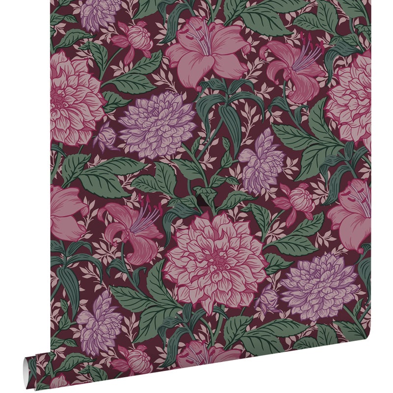 Tapeta zabytkowe kwiaty fuksji różu,fioletowymIzielonym - 50 x 900 cm - ESTAHOME