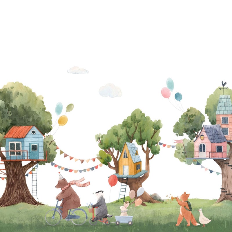 Fototapeta impreza w domku na drzewie ze zwierzętami zielonym,niebieskimIbiałym - 400 x 279 cm - ESTAHOME