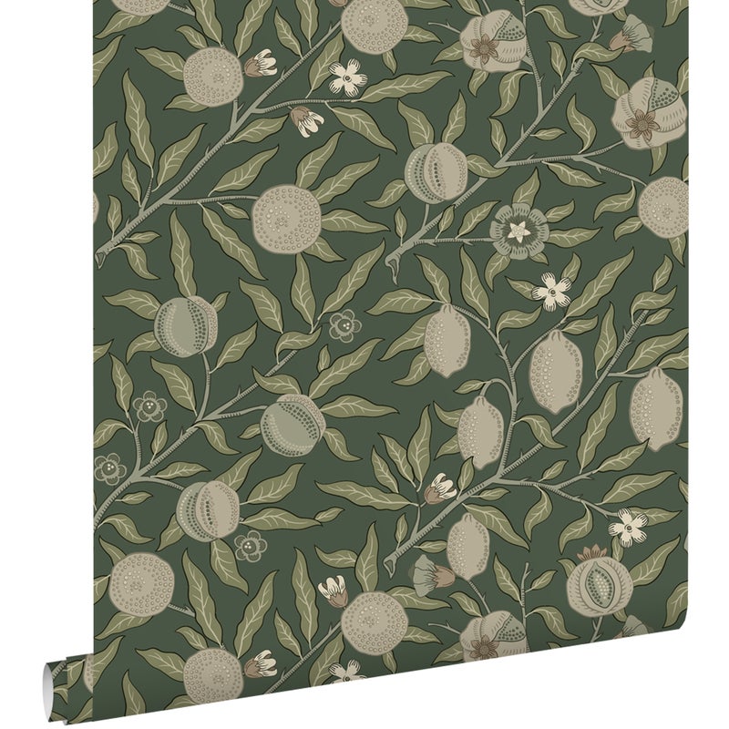 Tapeta egzotyczne owoce i liście ciemnej zieleniItaupe - 50 x 900 cm - ESTAHOME