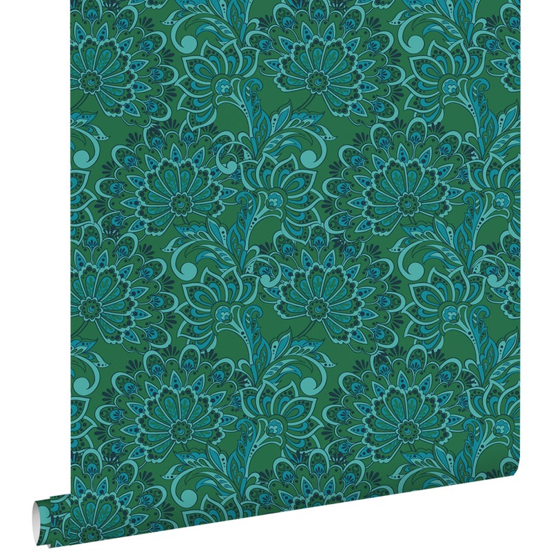 Tapeta zabytkowe kwiaty ciemnej zieleni - 50 x 900 cm - ESTAHOME
