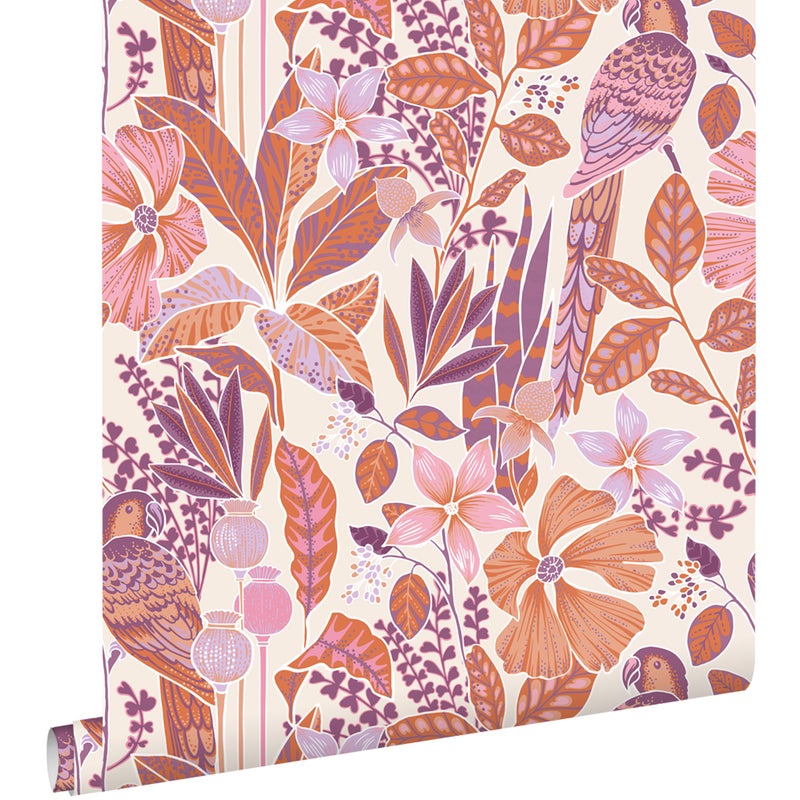 Tapeta tropikalne kwiaty i ptaki rajskie pomarańczowymIfioletowym - 50 x 900 cm - ESTAHOME