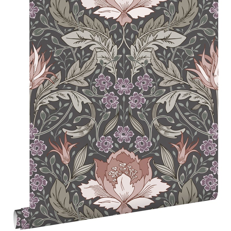 Tapeta vintage kwiaty w stylu secesyjnym szaro zielonymIbrązowym - 50 x 900 cm - ESTAHOME
