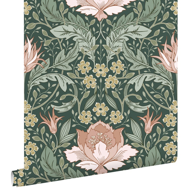Tapeta vintage kwiaty w stylu secesyjnym ciemnej zieleniIjasnego różu - 50 x 900 cm - ESTAHOME