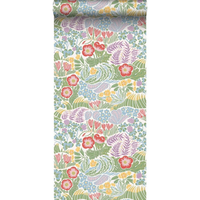 Tapeta kwiaty w stylu Matissa zielonym,czerwonymIfioletowym - 53 cm x 10.05 m - BORASTAPETER