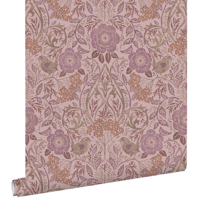 Tapeta kwiaty i ptaki starego różuIliliowo fioletowym - 50 x 900 cm - ESTAHOME