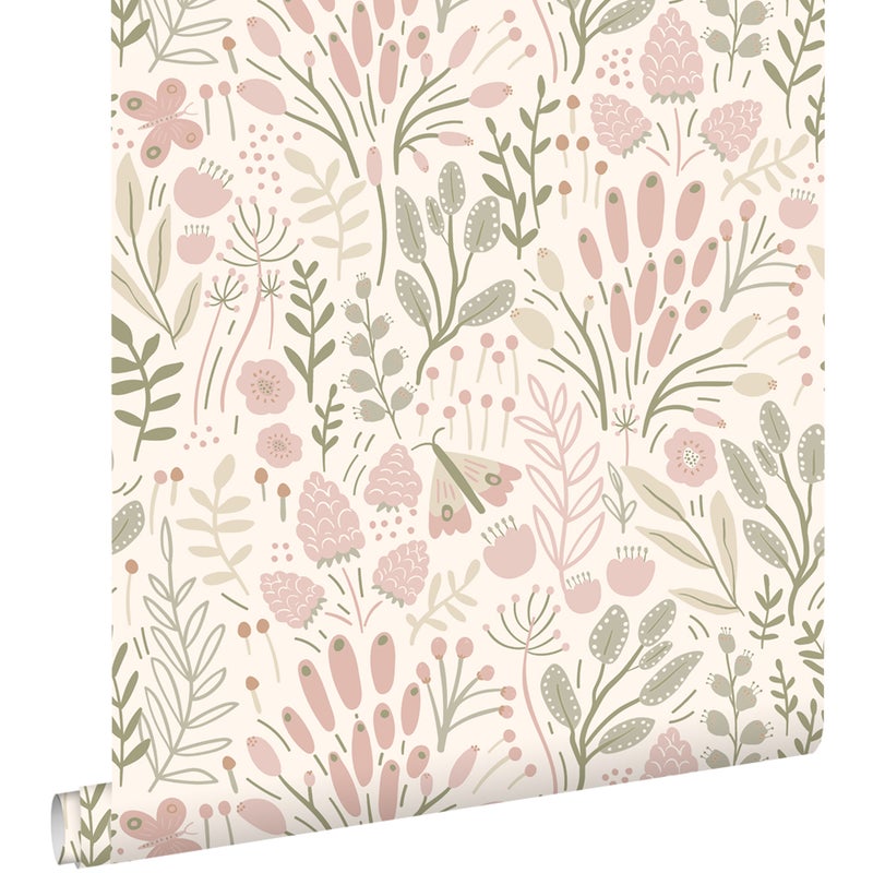 Tapeta liście i kwiaty białymIjasnego różu - 50 x 900 cm - ESTAHOME