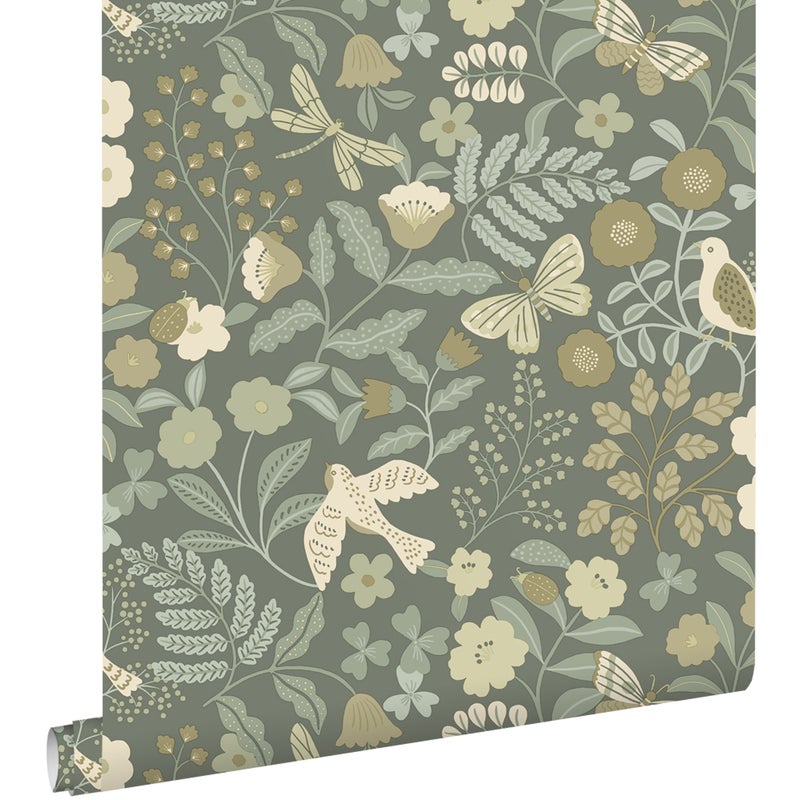 Tapeta kwiaty i ptaki szaro zielonym - 50 x 900 cm - ESTAHOME