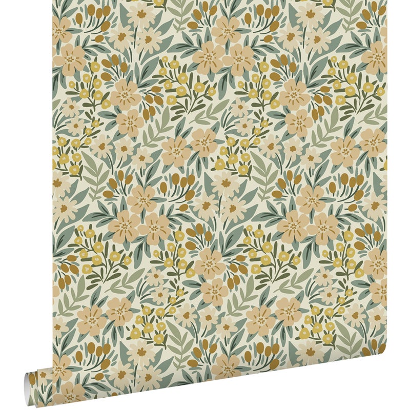 Tapeta kwiaty szaro zielonym - 50 x 900 cm - ESTAHOME