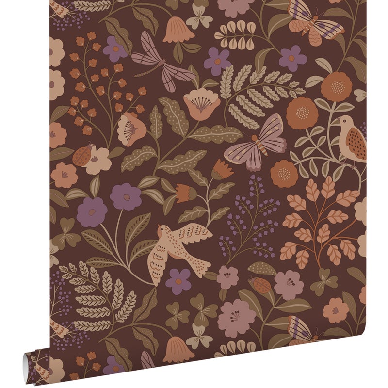 Tapeta kwiaty i ptaki brązowym,zielonym,terakotaIfioletowym - 53 cm x 10.05 m - ESTAHOME