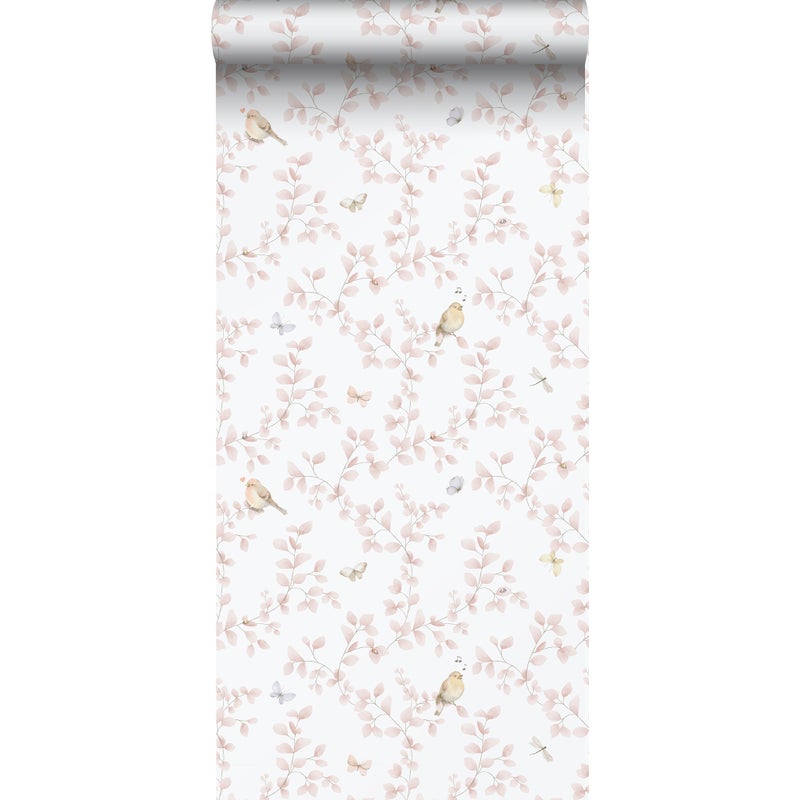 Tapeta kwiaty i ptaki jasnego różuIbiałym - 53 cm x 10.05 m - SANDERS & SANDERS