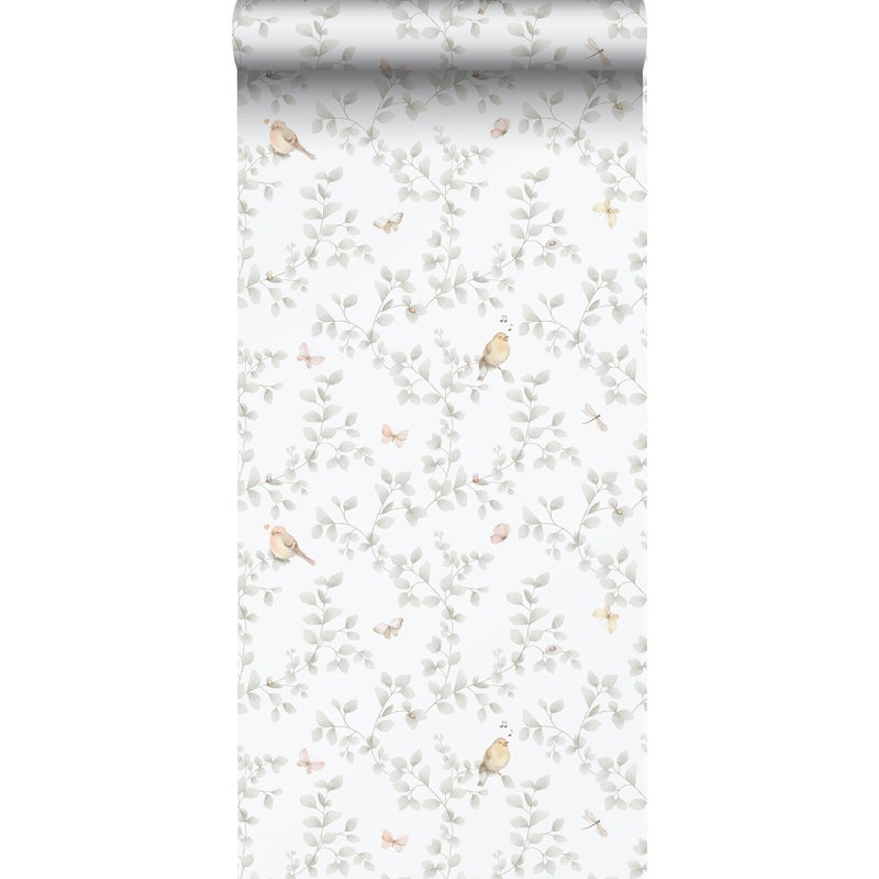 Tapeta kwiaty i ptaki jasnoszarymIbiałym - 53 cm x 10.05 m - SANDERS & SANDERS
