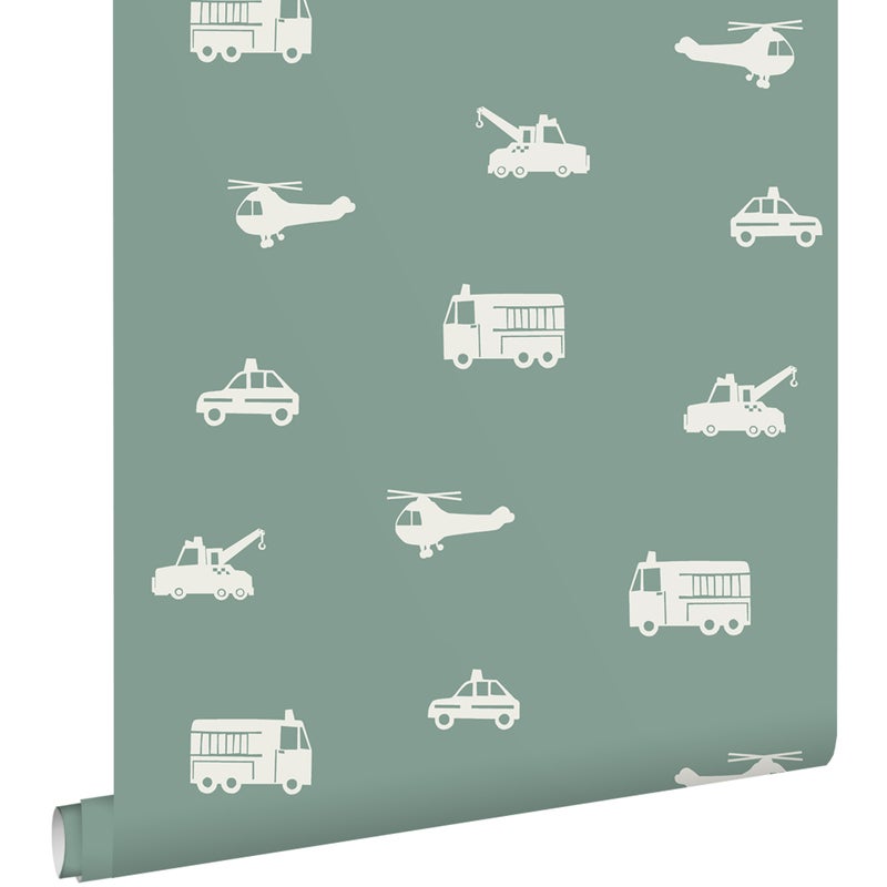 Tapeta samochody, wozy strażackie, helikoptery i dźwigi szaro-niebieskim - 53 cm x 10.05 m - ESTAHOME