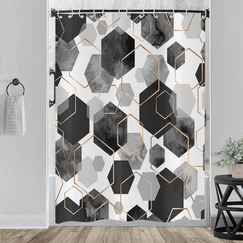 Czarna zasłona prysznicowa 180x200, nowoczesna geometryczna sześciokątna abstrakcyjna sztuka, wodoodporna, zmywalna, poliestrowa zasłona do łazienki z
